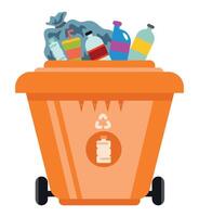 Garbage can with trash and bottles vector
