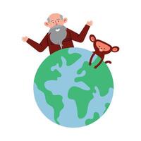 An old man and a monkey are sitting on top of the earth vector