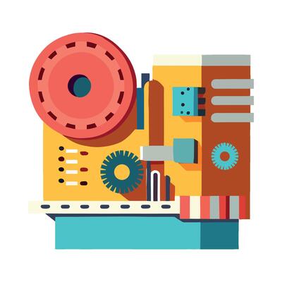 A flat illustration of a machine with gears and wheels