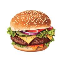 A hamburger with lettuce, tomato, onion, cheese and pickles vector