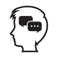 A black and white silhouette of a person's head with speech bubbles vector