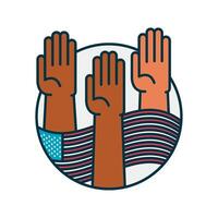 Three hands raised in the air with an american flag vector