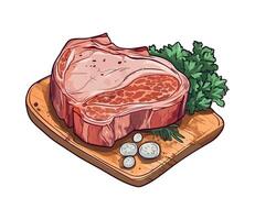 Steak with vegetables and herbs on a cutting board vector