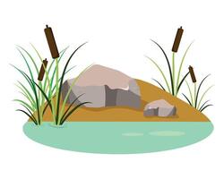 A rock and grass in a pond with water vector