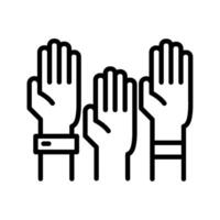 Three hands raised up in the air with one wrist band vector