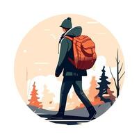 A man with a backpack walking through the woods vector