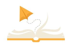 An open book with a paper airplane flying over it vector