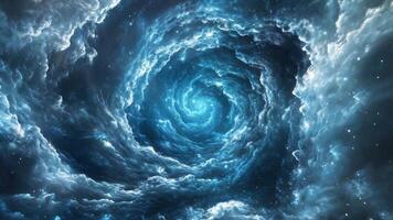 A mesmerizing swirling vortex of blue clouds and sparkling stars, creating a captivating cosmic atmosphere in deep space. video