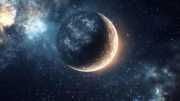 A luminous planet is surrounded by sparkling stars and extensive nebulae in a dark cosmic space. video