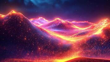 Vibrant mountains radiate with glowing lights, creating an abstract nighttime landscape filled with shimmering colors. video
