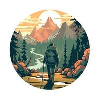 A man with a backpack walking through the mountains vector