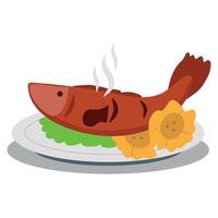 Fish on a plate with vegetables and a green leaf vector