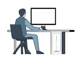 A man sitting at a desk with a computer screen vector
