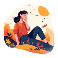 Autumn girl sitting on the grass with autumn leaves vector