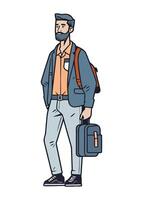 A man with a backpack and a mask is standing with a suitcase vector