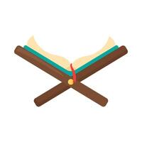Open book with crossed wooden sticks on a white background vector