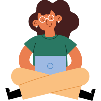 uma mulher com óculos sentado em a chão com uma computador portátil png