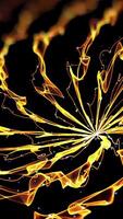 Formed beautiful bright fiery spiral on black background. Spiral with glowing yellow wavy lines appears and disappears in isolated space video