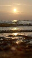 Close-up of small waves on background of sunset. Creative. Rolling small waves on seashore with sunset horizon. Waves on background of sea sunset video