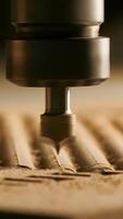 Close-up of needle for drilling on wood. Creative. Machine for drilling patterns on wooden boards. Wood processing and carving with industrial machines video