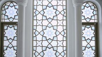 Amazing stained glass window inside spacious building or temple. Scene. Concept of art and architecture. video