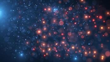 Animation of abstract glowing glitter particles in blue and orange colors. Flight of bright dots and particles on a blue background. seamless loop video