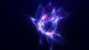 Abstract form of plasma from particles with light background, fluid plasma and waves of magical glowing on a dark background. particle energy, technology, science. Seamless loop video