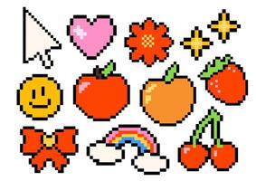 Set of illustrations in the pixel art style. 8 bit apple, bow, smile, peach, rainbow, flower, and sparkle. Retro wave style. Retro game. Vintage computer arcades. Isolated on white. vector
