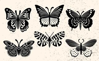 Black and white butterfly set in boho style. Mystical celestial moths. Vintage style. Magic flying butterfly. Esoteric hand-drawn elements for textile design, and decoration. vector
