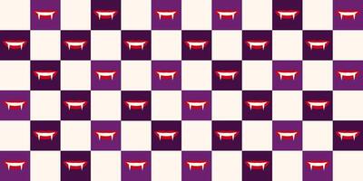 Creepy Halloween checkered seamless pattern with vampire smile in purple colors. Groovy autumn background. Trick or treat. Spooky surface design. Trendy retro style 90s. Grid backdrop. Dark print. vector
