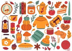 Autumn set. Leaves, acorns, sweater, scarf, pumpkins, candles, pie, jam, and teapot. Collection of fall elements for stickers, scrapbooking, and patterns. Hand drawn style. Hello, autumn. vector