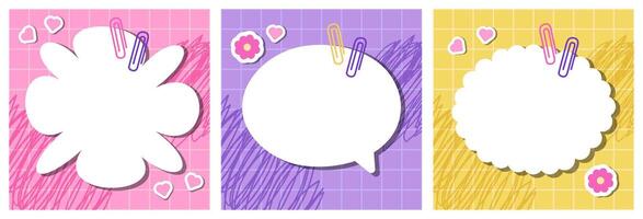 Templates for paper notes. Groovy cards for notes on a purple checkered background. Education accessories. Kawaii paper sticky notes for reminders, memo messages, and planners. Back to school. vector