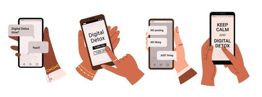 Digital detox concept. Set of Hands holding smartphones with text on screen. Flat illustration isolated on white background. vector