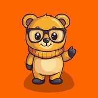 A cute bear with glasses and a scarf is waving, a simple flat illustration with a solid color background. vector
