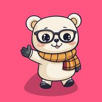 A cute bear with glasses and a scarf is waving, a simple flat illustration with a solid color background. vector