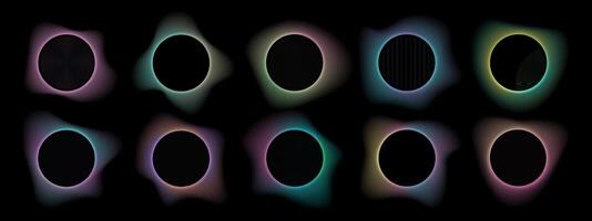 Set of gradients with blurred frames abstract shapes. Collection of futuristic glowing, neon colored with aura round liquid shapes for website design, banners . illustration on black background. vector