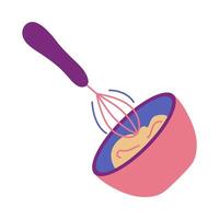 Mix Dough with Whisk in deep bowl. Prepare dish for bakery, confectionery. Kitchen utensils for whipping. Cooking. Culinary device. Isolated on white background. Flat style. Color illustration. vector