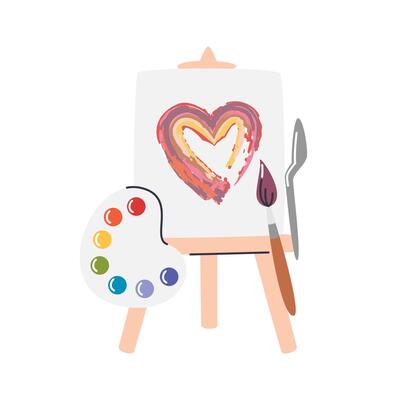 Wooden easel with canvas for art school classes. Artists equipment and tools for workshop. Painted heart shape with brush and spatula of oil or watercolor paints. Hand drawn flat illustration