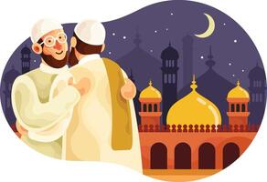 Eid mubarak with muslim men hugging each other vector