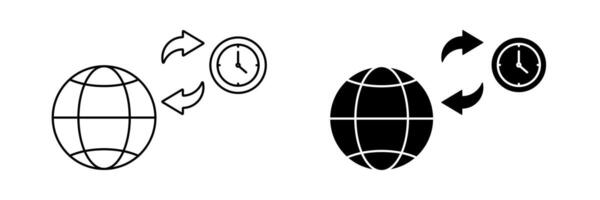 global time icon set. clock and globe transfer symbols. modern design isolated on white background vector