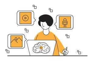 Person engaging with the AI interface on the laptop. Multimedia icons are prominently displayed in speech bubbles, emphasizing the active processing and interaction vector