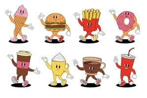 Retro groovy fast food, desserts and coffee characters set. Hamburger, fries, soda, coffee, donut and ice cream. vector