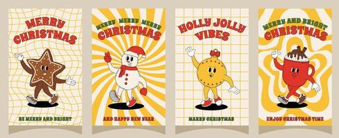 Groovy retro Merry Christmas and Happy New year posters. Set of christmas characters for posters, party invitations, greeting cards, stories template, postcard, prints in groovy style. vector
