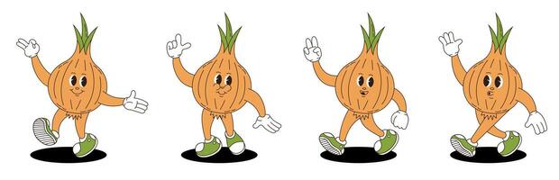 Onion retro groovy style. Groovy retro characters of onion. vector