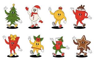 Groovy retro Merry Christmas and Happy New year. Christmas characters in groovy style. Christmas tree, toy, bell, boot, gift, mug of hot chocolate, snowman, gingerbread. vector