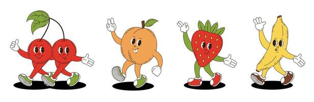 Fruits set in retro groovy style. Groovy retro characters of cherry, peach, strawberry, banana. vector