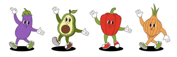 Vegetables set in retro groovy style. Groovy retro characters of eggplant, avocado, bell pepper, onion. vector