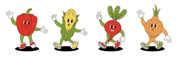 Vegetables set in retro groovy style. Groovy retro characters of bell pepper, corn, radish, onion. vector
