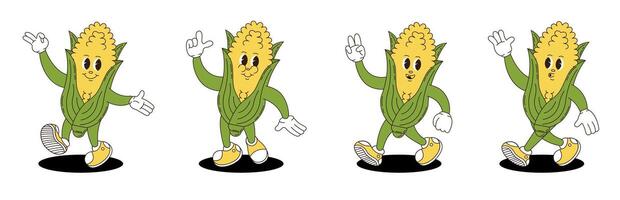 Corn retro groovy style. Groovy retro characters of corn. vector