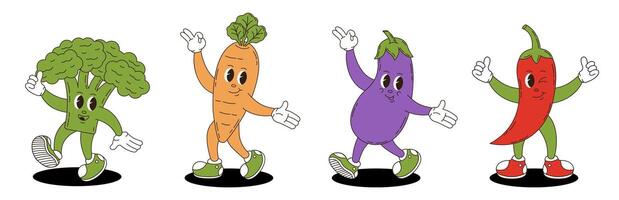 Vegetables set in retro groovy style. Groovy retro characters of broccoli, carrots, eggplant, chili pepper. vector